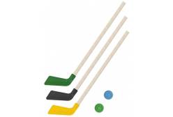 Клюшки детские хоккейные 80 см, 3 штуки (цвет: зеленый, черный, желтый) + 2 шайбы